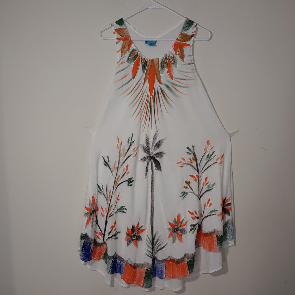 Aqua Blue White Embroidered and Floral Appliques Hi Low Beach Cover Up Sz M